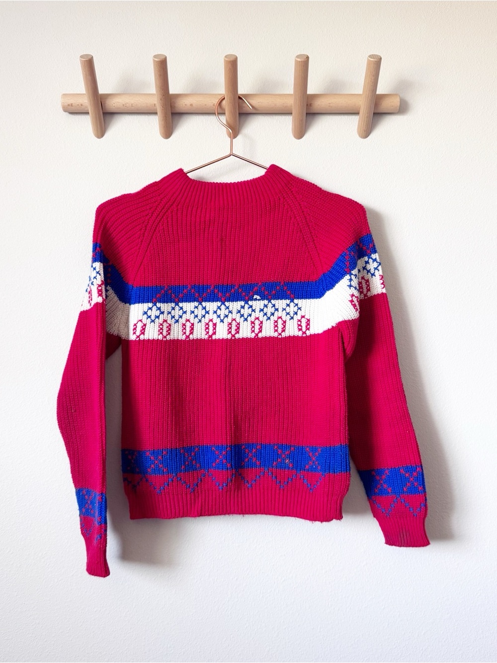 Etell Bright Red Fair Isle Crewneck Sweater with Blue and White Accents